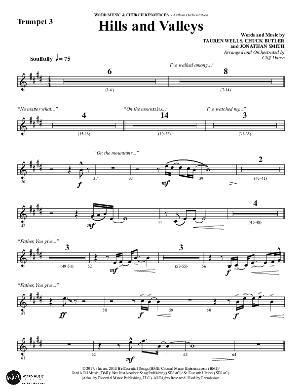 Hills And Valleys (Choral Anthem SATB) Trumpet 3 (Word Music Choral / Arr. Cliff Duren)