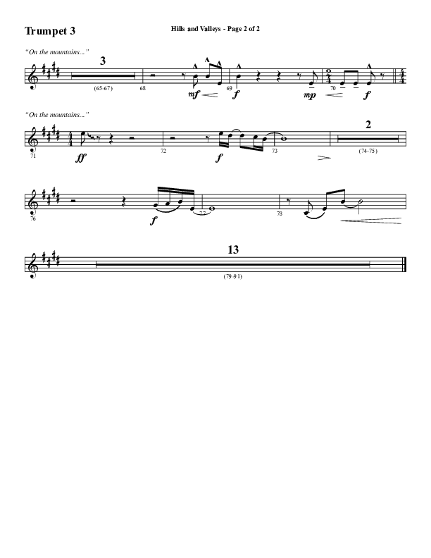 Hills And Valleys (Choral Anthem SATB) Trumpet 3 (Word Music Choral / Arr. Cliff Duren)