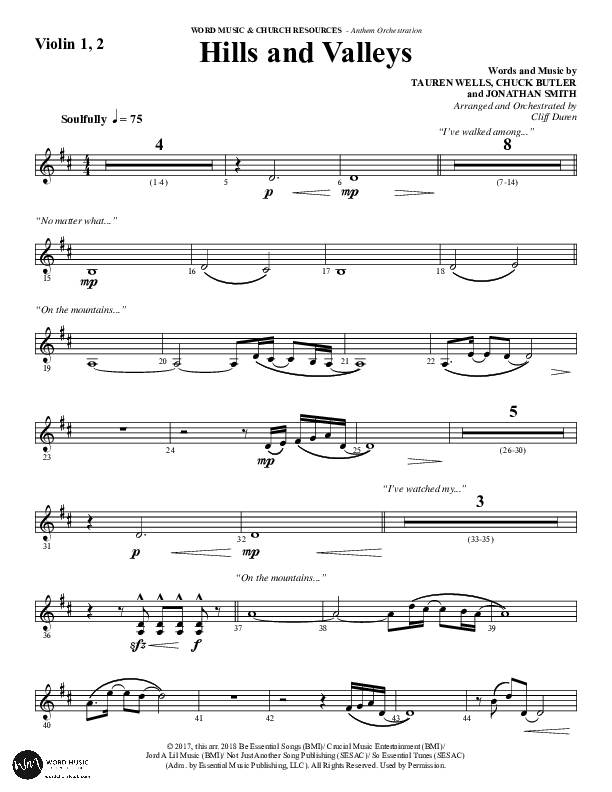 Hills And Valleys (Choral Anthem SATB) Violin 1/2 (Word Music Choral / Arr. Cliff Duren)