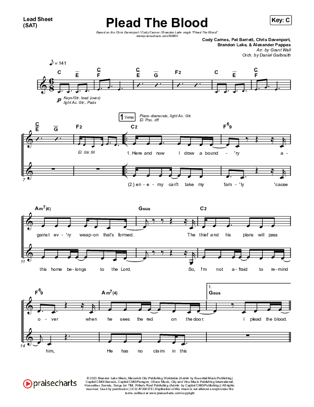Plead The Blood Lead Sheet (SAT) (Chris Davenport / Cody Carnes / Brandon Lake)