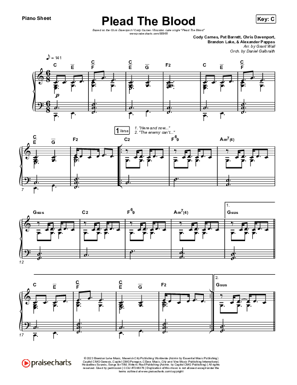 Plead The Blood Piano Sheet (Chris Davenport / Cody Carnes / Brandon Lake)