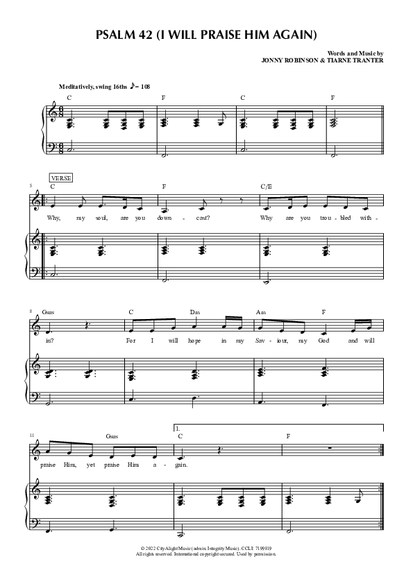Psalm 42 (I Wil Praise Him Again) (Live) Piano/Melody (CityAlight)