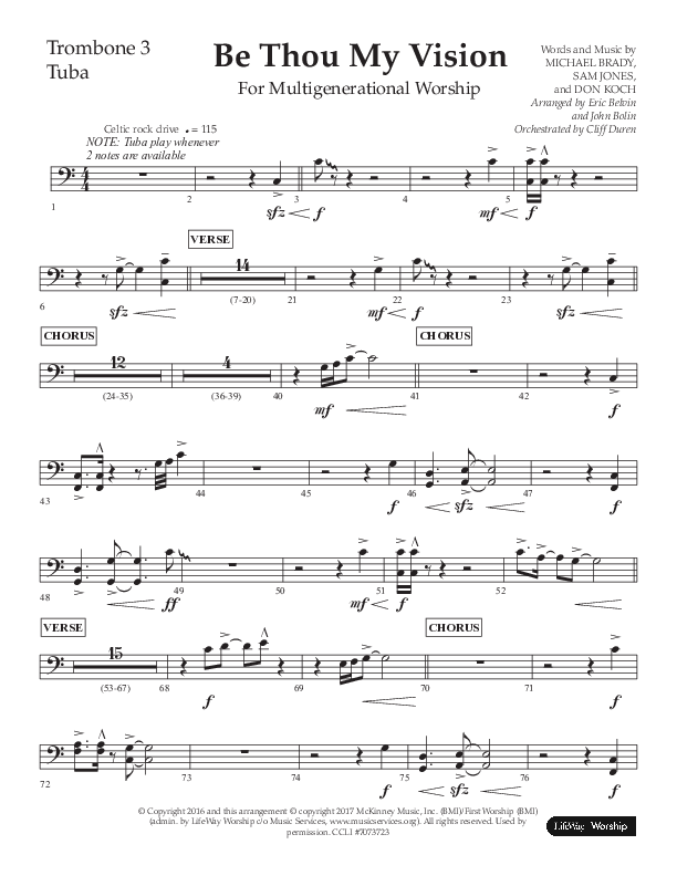 Be Thou My Vision (Choral Anthem SATB) Trombone 3/Tuba (Lifeway Choral / Arr. Eric Belvin / Arr. John Bolin / Orch. Cliff Duren)