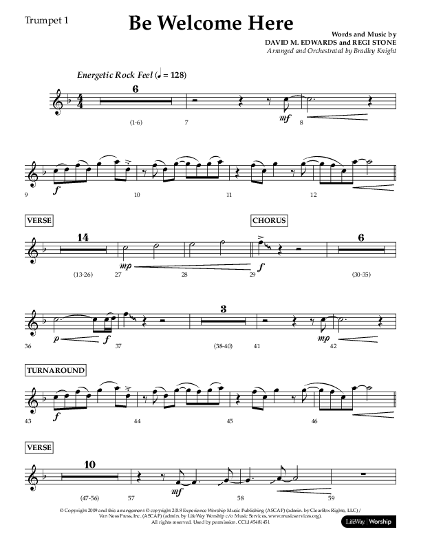 Be Welcome Here (Choral Anthem SATB) Trumpet 1 (Lifeway Choral / Arr. Bradley Knight)
