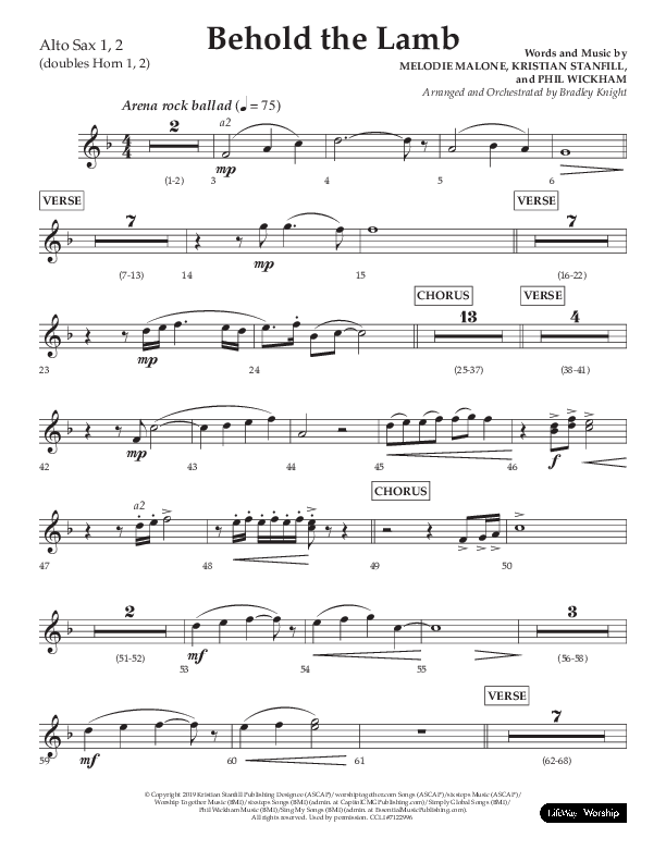 Behold The Lamb (Choral Anthem SATB) Alto Sax 1/2 (Lifeway Choral / Arr. Bradley Knight)