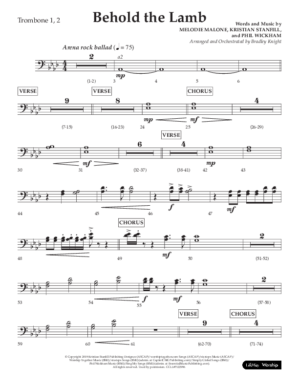 Behold The Lamb (Choral Anthem SATB) Trombone 1/2 (Lifeway Choral / Arr. Bradley Knight)