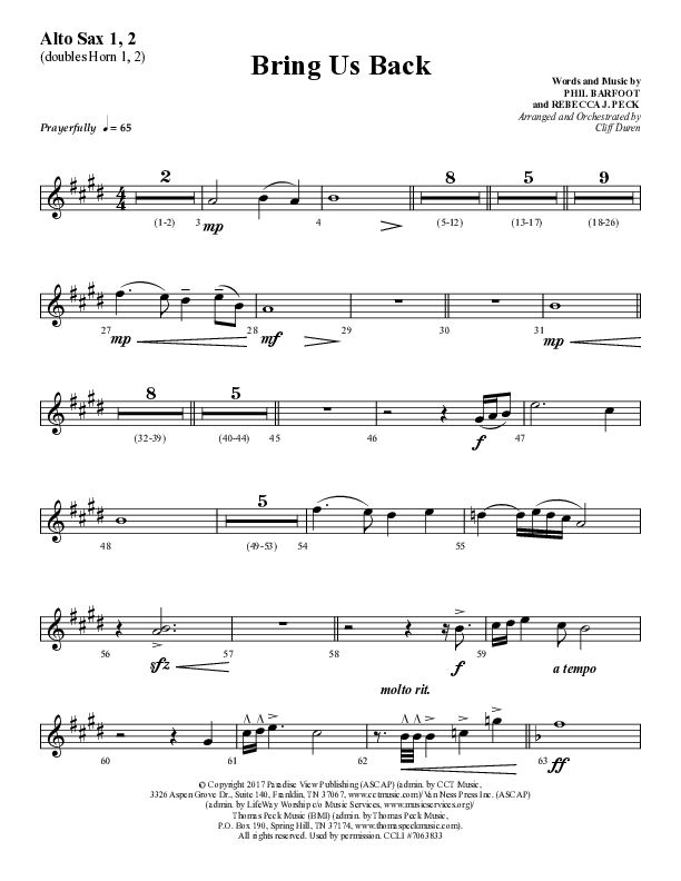 Bring Us Back (Choral Anthem SATB) Alto Sax 1/2 (Lifeway Choral / Arr. Cliff Duren)