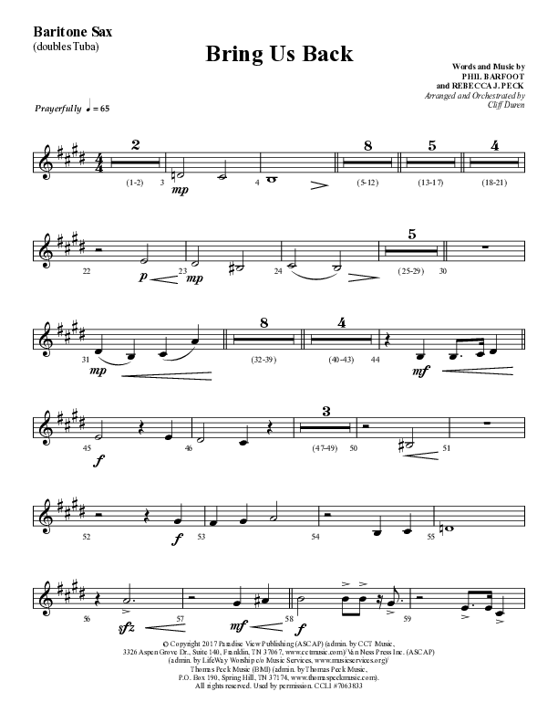 Bring Us Back (Choral Anthem SATB) Bari Sax (Lifeway Choral / Arr. Cliff Duren)