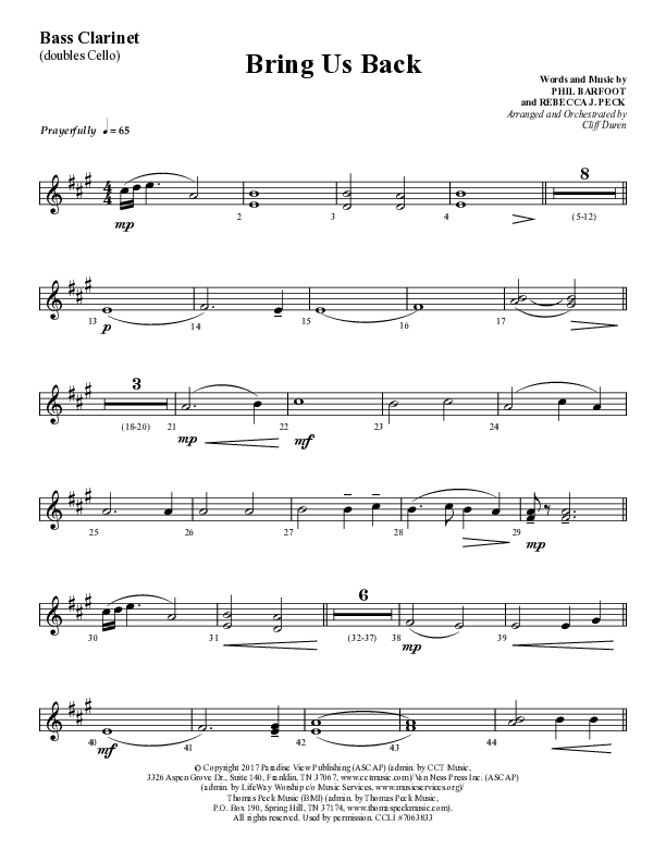 Bring Us Back (Choral Anthem SATB) Bass Clarinet (Lifeway Choral / Arr. Cliff Duren)