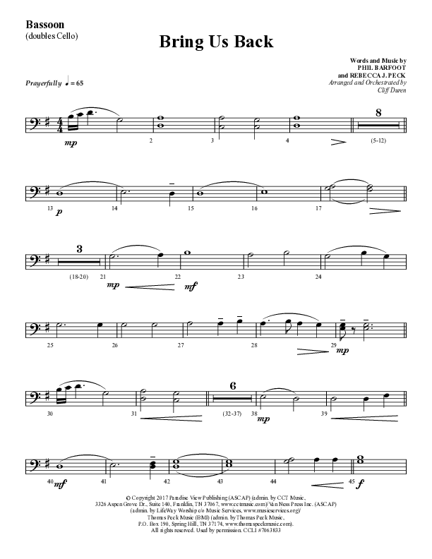Bring Us Back (Choral Anthem SATB) Bassoon (Lifeway Choral / Arr. Cliff Duren)