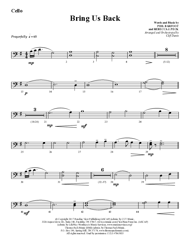 Bring Us Back (Choral Anthem SATB) Cello (Lifeway Choral / Arr. Cliff Duren)