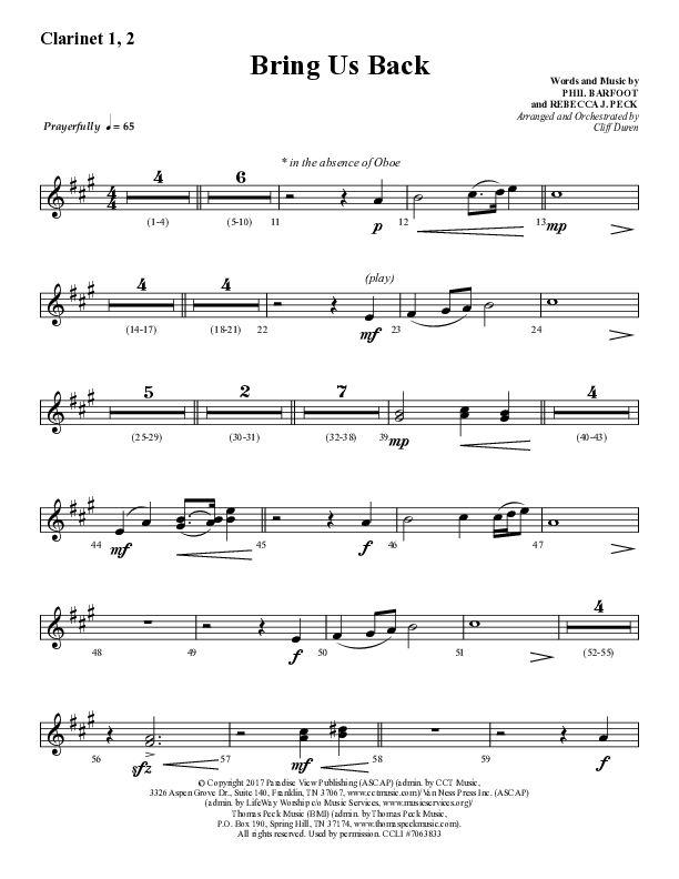 Bring Us Back (Choral Anthem SATB) Clarinet 1/2 (Lifeway Choral / Arr. Cliff Duren)