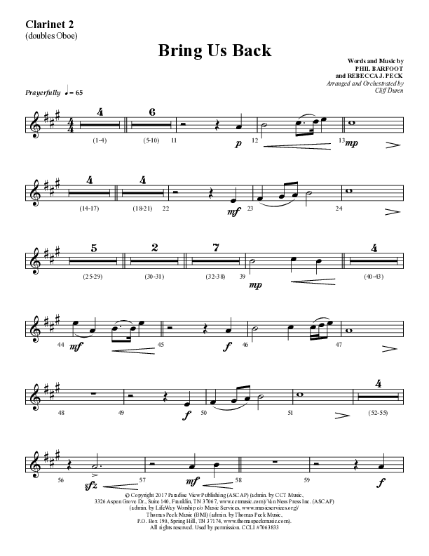 Bring Us Back (Choral Anthem SATB) Clarinet (Lifeway Choral / Arr. Cliff Duren)