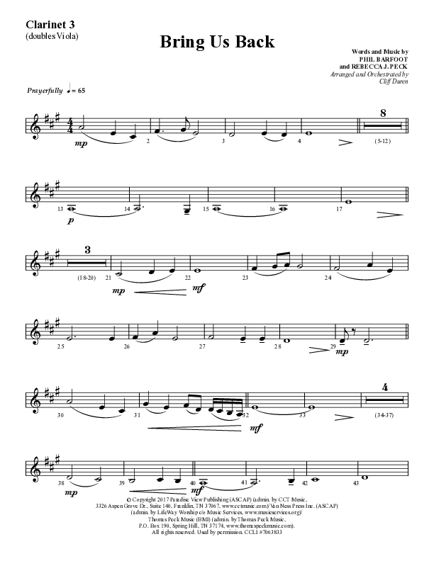 Bring Us Back (Choral Anthem SATB) Clarinet (Lifeway Choral / Arr. Cliff Duren)