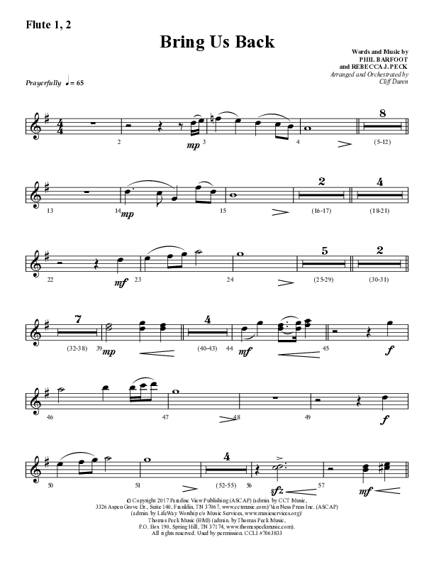 Bring Us Back (Choral Anthem SATB) Flute 1/2 (Lifeway Choral / Arr. Cliff Duren)
