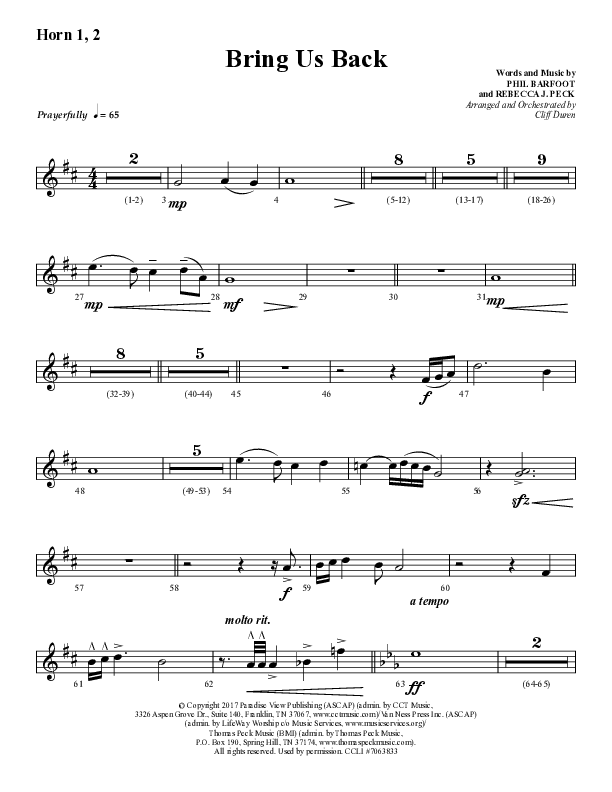 Bring Us Back (Choral Anthem SATB) French Horn 1/2 (Lifeway Choral / Arr. Cliff Duren)
