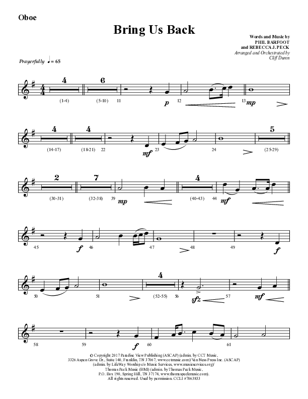 Bring Us Back (Choral Anthem SATB) Oboe (Lifeway Choral / Arr. Cliff Duren)