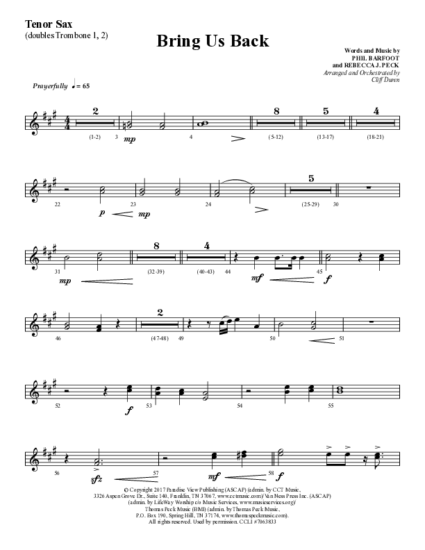 Bring Us Back (Choral Anthem SATB) Tenor Sax 1 (Lifeway Choral / Arr. Cliff Duren)