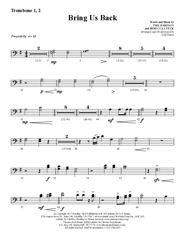 Bring Us Back (Choral Anthem SATB) Trombone 1/2 (Lifeway Choral / Arr. Cliff Duren)
