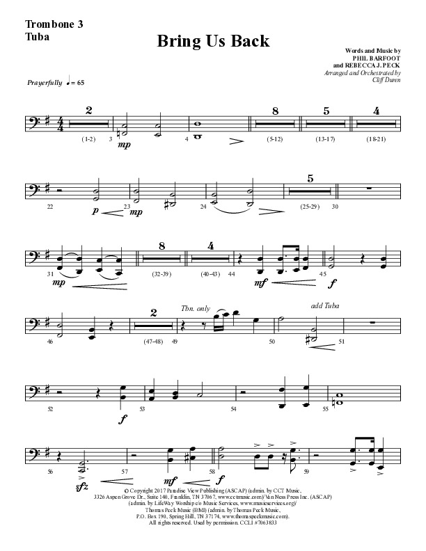 Bring Us Back (Choral Anthem SATB) Trombone 3/Tuba (Lifeway Choral / Arr. Cliff Duren)