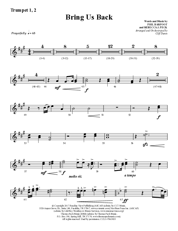 Bring Us Back (Choral Anthem SATB) Trumpet 1,2 (Lifeway Choral / Arr. Cliff Duren)