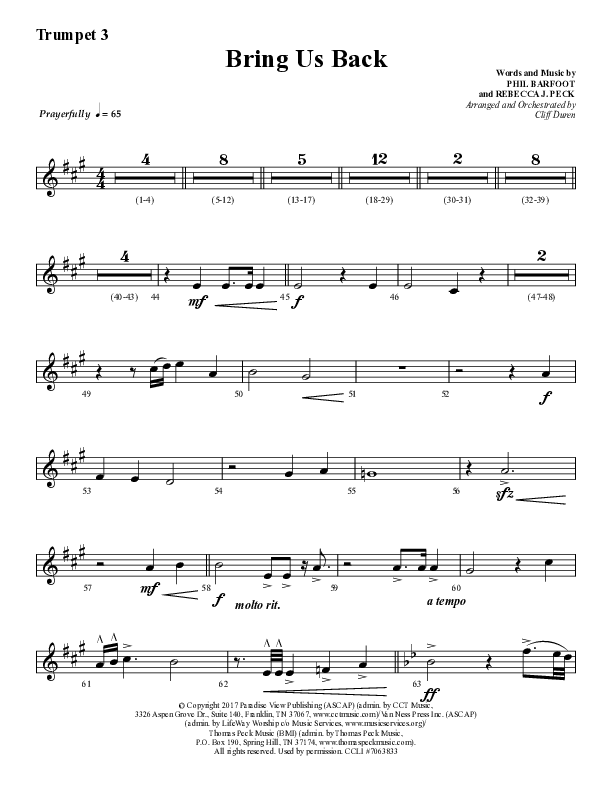 Bring Us Back (Choral Anthem SATB) Trumpet 3 (Lifeway Choral / Arr. Cliff Duren)