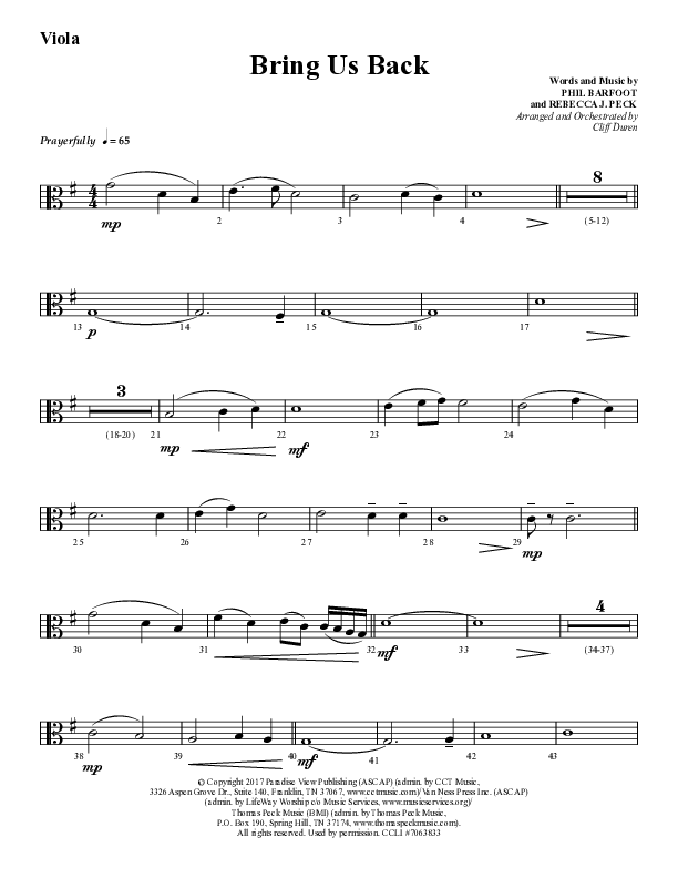 Bring Us Back (Choral Anthem SATB) Viola (Lifeway Choral / Arr. Cliff Duren)