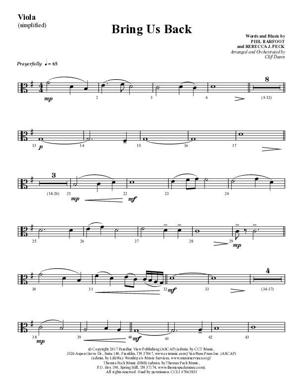 Bring Us Back (Choral Anthem SATB) Viola (Lifeway Choral / Arr. Cliff Duren)