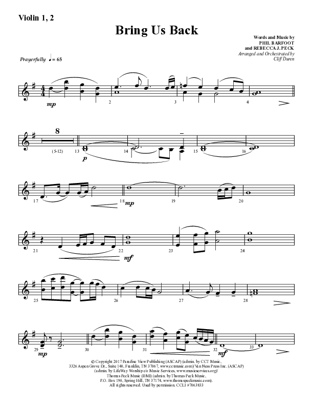 Bring Us Back (Choral Anthem SATB) Violin 1/2 (Lifeway Choral / Arr. Cliff Duren)