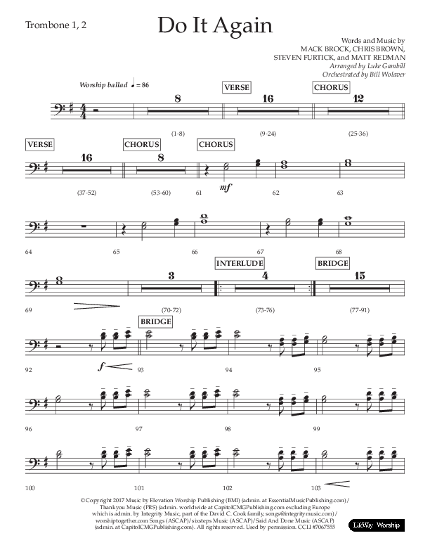 Do It Again (Choral Anthem SATB) Trombone 1/2 (Lifeway Choral / Arr. Luke Gambill)