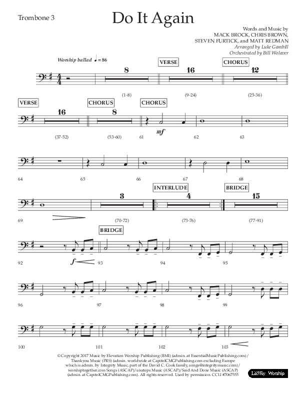 Do It Again (Choral Anthem SATB) Trombone 3 (Lifeway Choral / Arr. Luke Gambill)