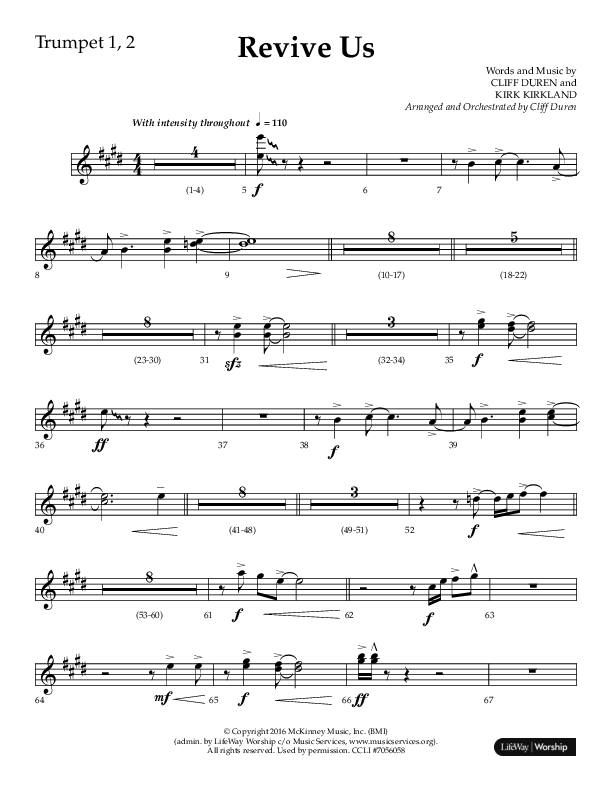 Revive Us (Choral Anthem SATB) Trumpet 1,2 (Lifeway Choral / Arr. Cliff Duren / Arr. Kirk Kirkland)