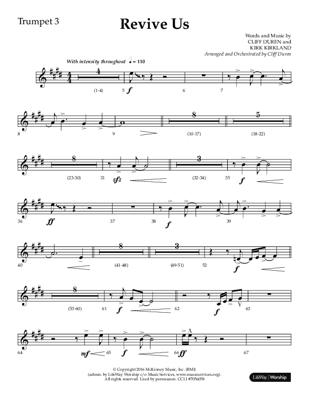 Revive Us (Choral Anthem SATB) Trumpet 3 (Lifeway Choral / Arr. Cliff Duren / Arr. Kirk Kirkland)