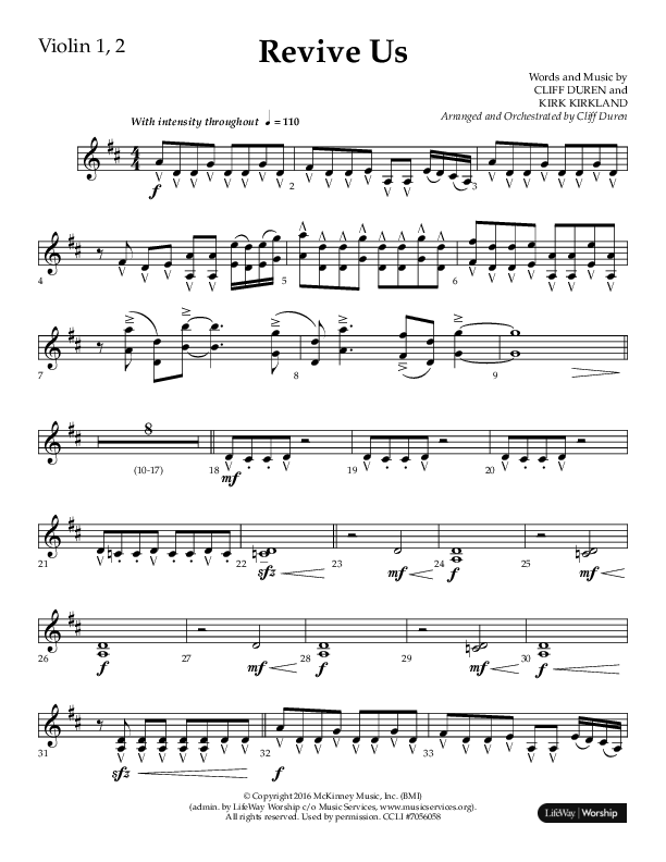 Revive Us (Choral Anthem SATB) Violin 1/2 (Lifeway Choral / Arr. Cliff Duren / Arr. Kirk Kirkland)