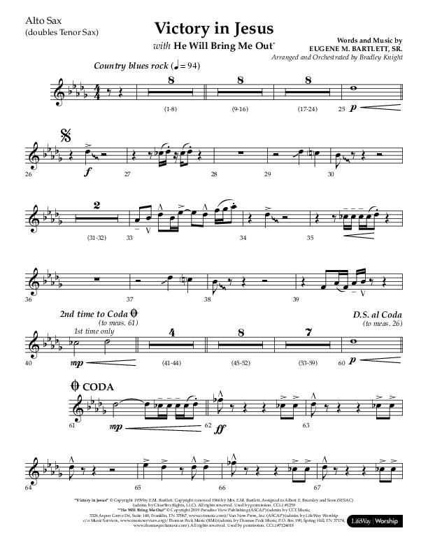 Victory In Jesus with He Will Bring Me Out (Choral Anthem SATB) Alto Sax (Lifeway Choral / Arr. Bradley Knight)