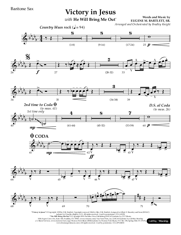 Victory In Jesus with He Will Bring Me Out (Choral Anthem SATB) Bari Sax (Lifeway Choral / Arr. Bradley Knight)