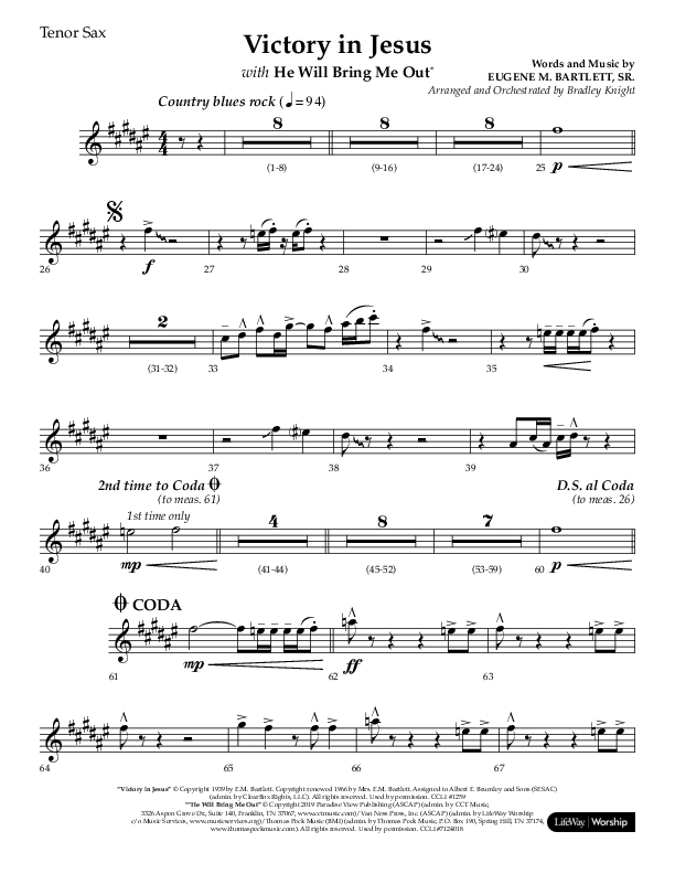 Victory In Jesus with He Will Bring Me Out (Choral Anthem SATB) Tenor Sax 1 (Lifeway Choral / Arr. Bradley Knight)