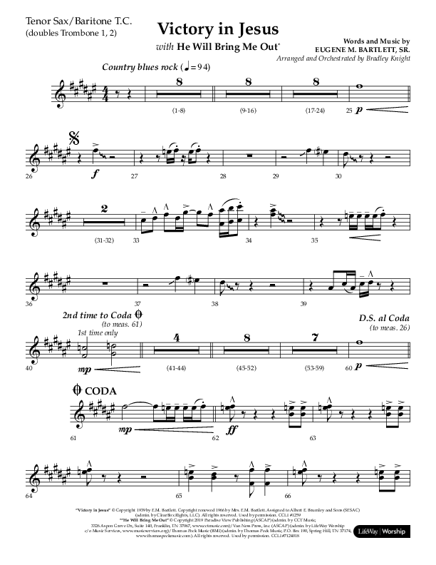 Victory In Jesus with He Will Bring Me Out (Choral Anthem SATB) Tenor Sax/Baritone T.C. (Lifeway Choral / Arr. Bradley Knight)