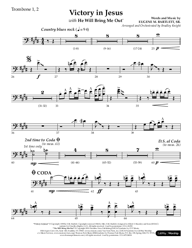 Victory In Jesus with He Will Bring Me Out (Choral Anthem SATB) Trombone 1/2 (Lifeway Choral / Arr. Bradley Knight)