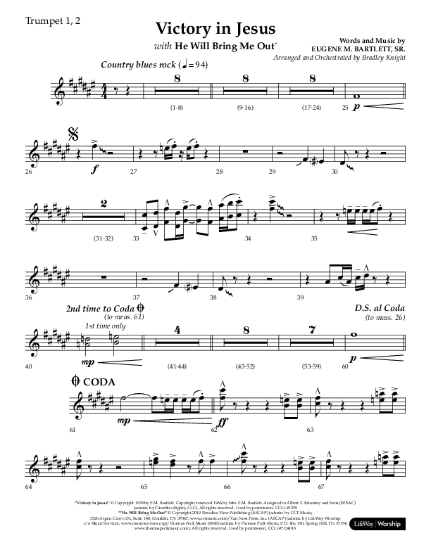 Victory In Jesus with He Will Bring Me Out (Choral Anthem SATB) Trumpet 1,2 (Lifeway Choral / Arr. Bradley Knight)