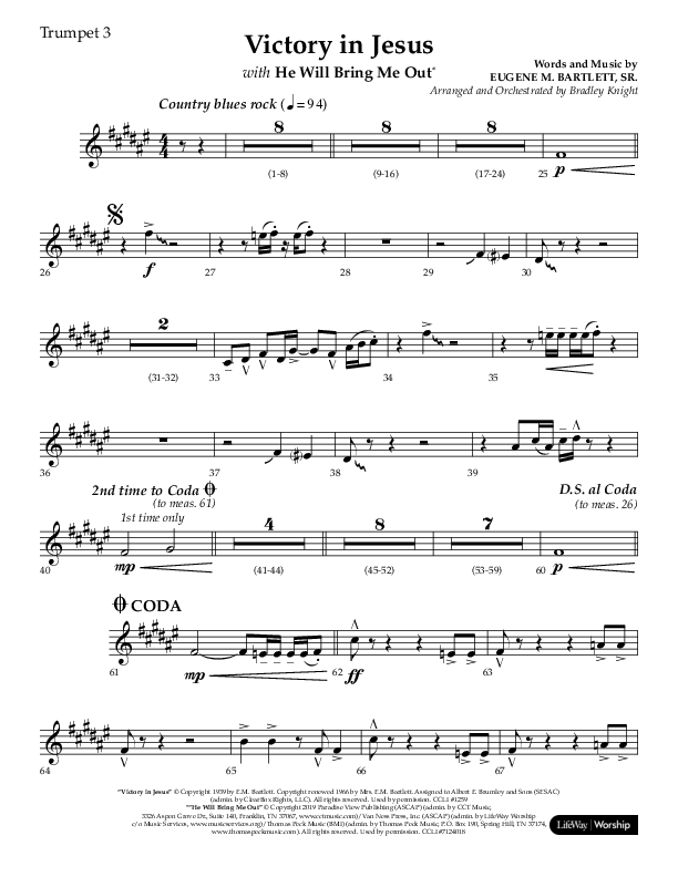 Victory In Jesus with He Will Bring Me Out (Choral Anthem SATB) Trumpet 3 (Lifeway Choral / Arr. Bradley Knight)