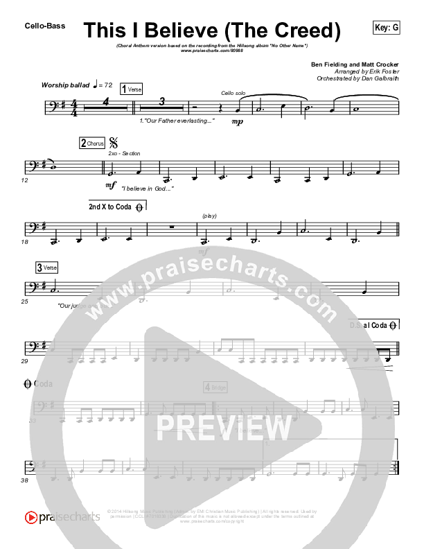 This I Believe (The Creed) (Choral Anthem SATB) Cello/Bass (Hillsong Worship / Arr. Erik Foster)