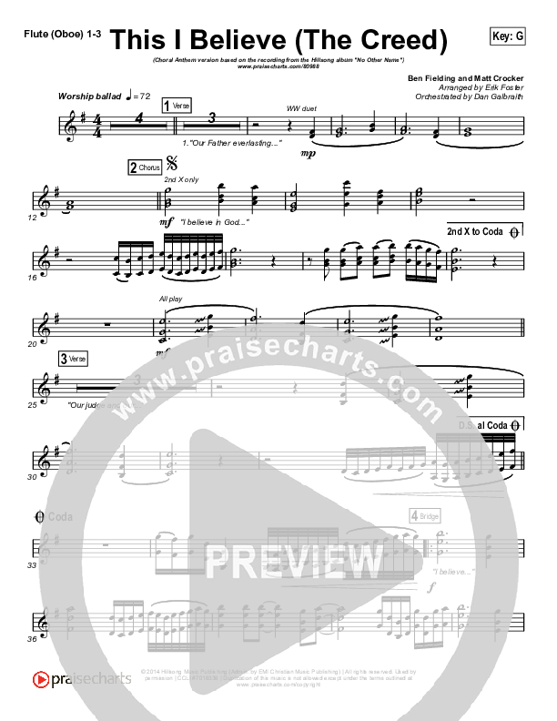 This I Believe (The Creed) (Choral Anthem SATB) Flute/Oboe 1/2/3 (Hillsong Worship / Arr. Erik Foster)