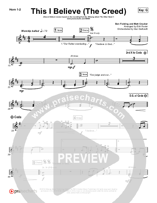 This I Believe (The Creed) (Choral Anthem SATB) French Horn 1,2 (Hillsong Worship / Arr. Erik Foster)