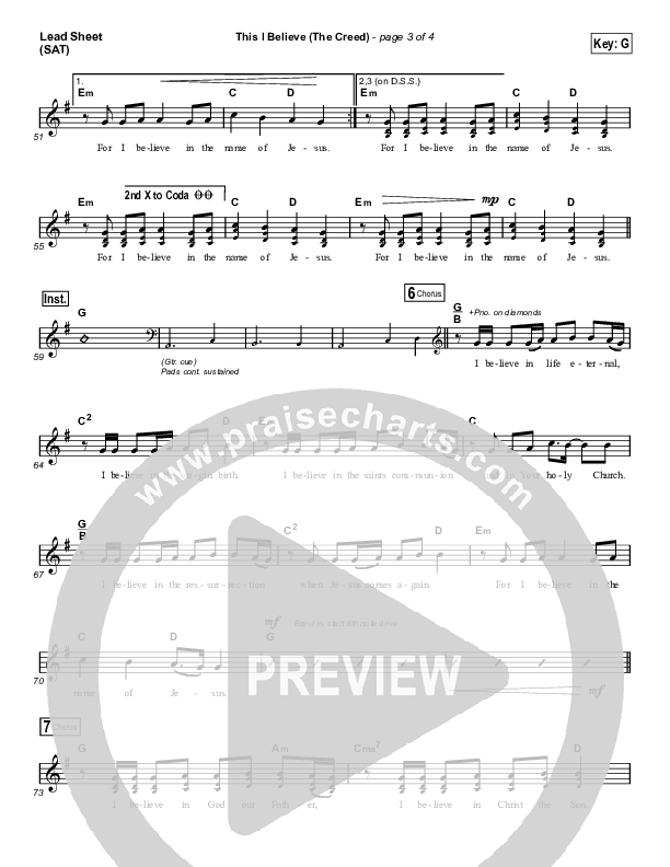 This I Believe (The Creed) (Choral Anthem SATB) Lead Sheet (SAT) (Hillsong Worship / Arr. Erik Foster)