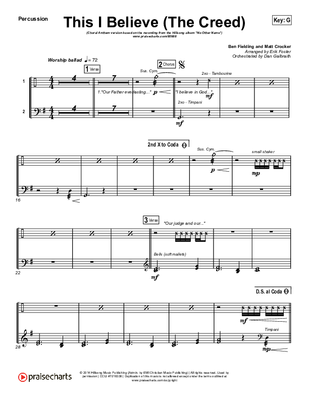 This I Believe (The Creed) (Choral Anthem SATB) Percussion (Hillsong Worship / Arr. Erik Foster)