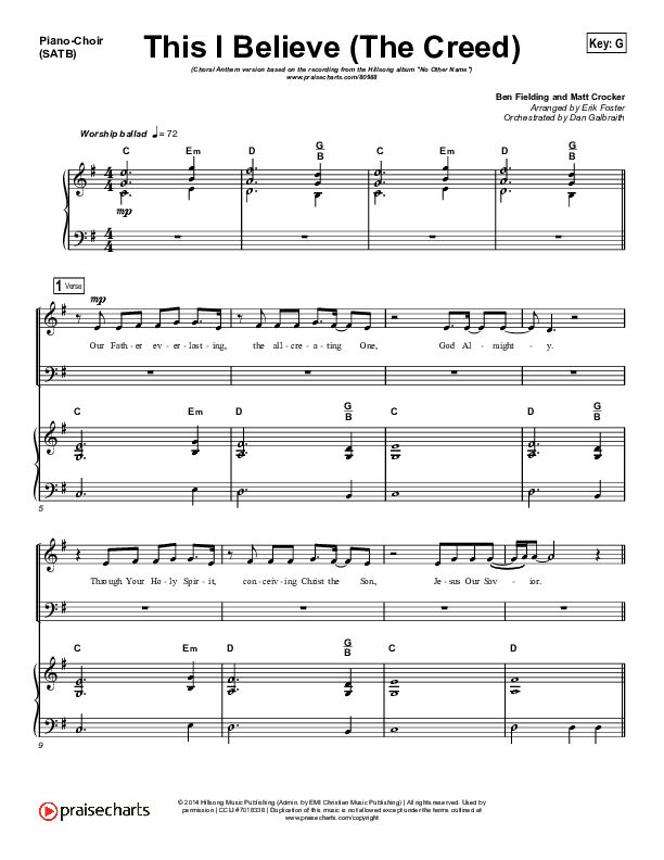 This I Believe (The Creed) (Choral Anthem SATB) Piano/Vocal (SATB) (Hillsong Worship / Arr. Erik Foster)