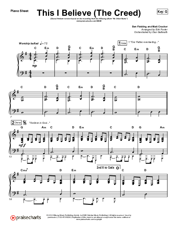 This I Believe (The Creed) (Choral Anthem SATB) Piano Sheet (Hillsong Worship / Arr. Erik Foster)