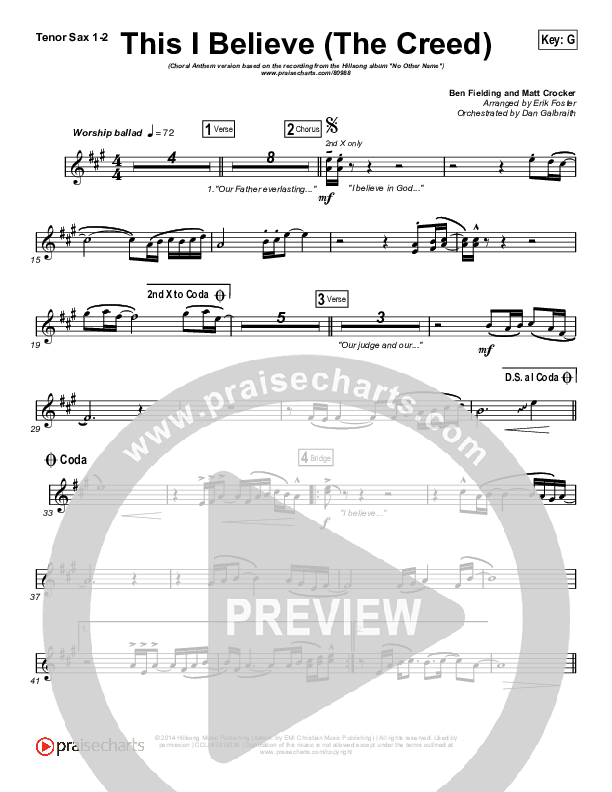 This I Believe (The Creed) (Choral Anthem SATB) Tenor Sax 1,2 (Hillsong Worship / Arr. Erik Foster)