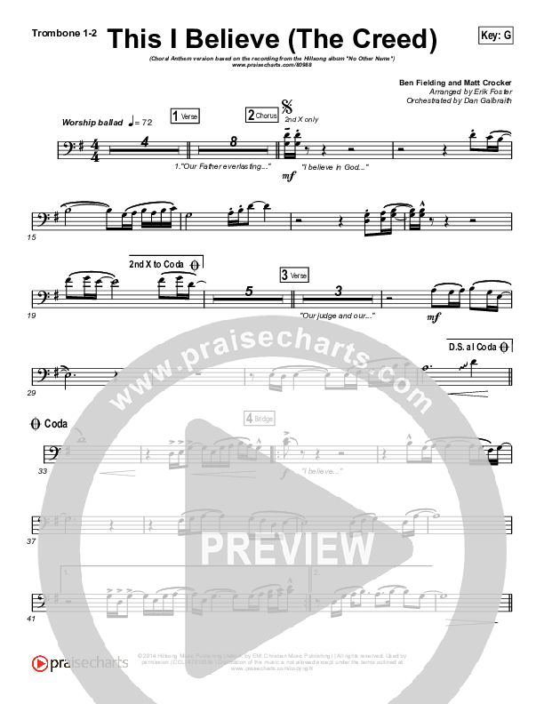 This I Believe (The Creed) (Choral Anthem SATB) Trombone 1/2 (Hillsong Worship / Arr. Erik Foster)